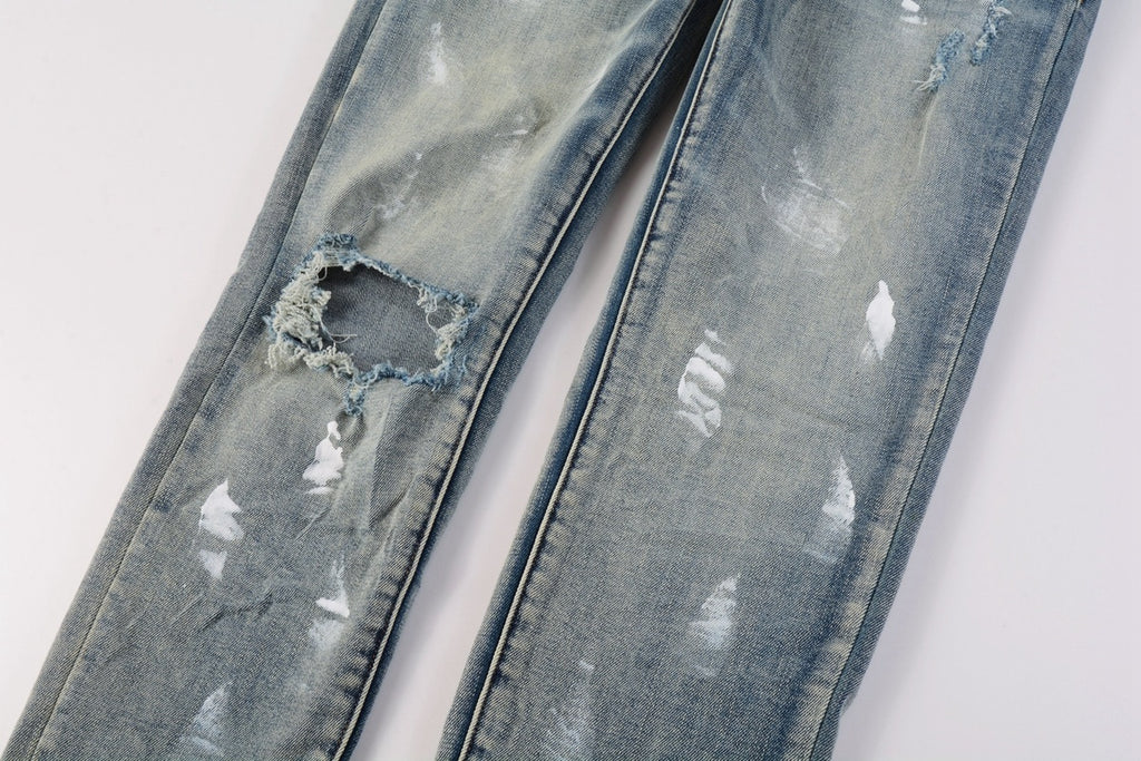 Men's Streetwear Slim Fit Distressed Blue Damaged Holes Graffiti Stretch Ripped Jeans