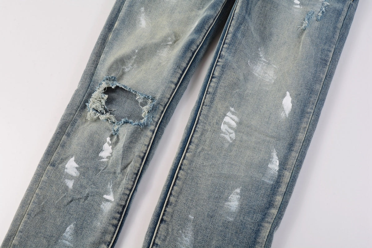 Men's Streetwear Slim Fit Distressed Blue Damaged Holes Graffiti Stretch Ripped Jeans
