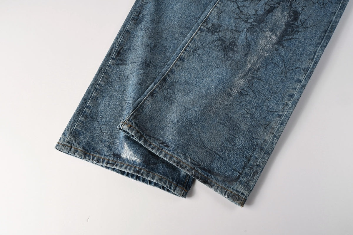 Men's Distressed Blue Coated Baggy Jeans with Graffiti Design & Stretch Fit