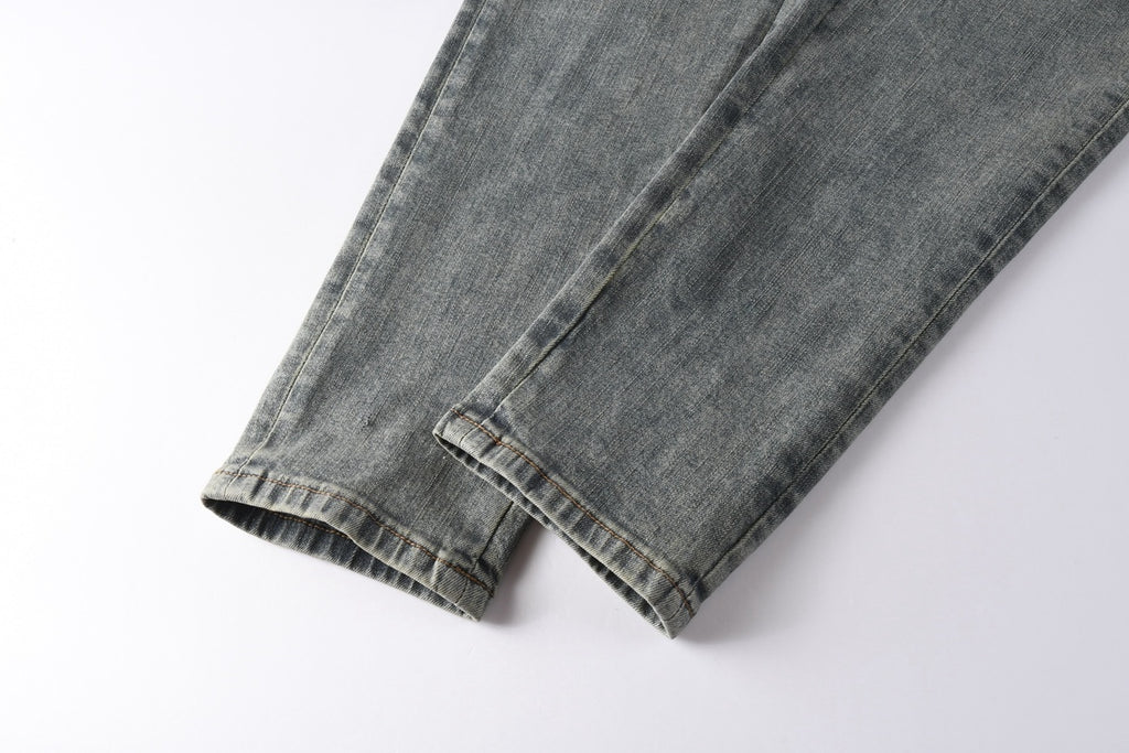 Men's Washed Blue Skinny Jeans with Ripped Holes, Rhinestones & Button Fly