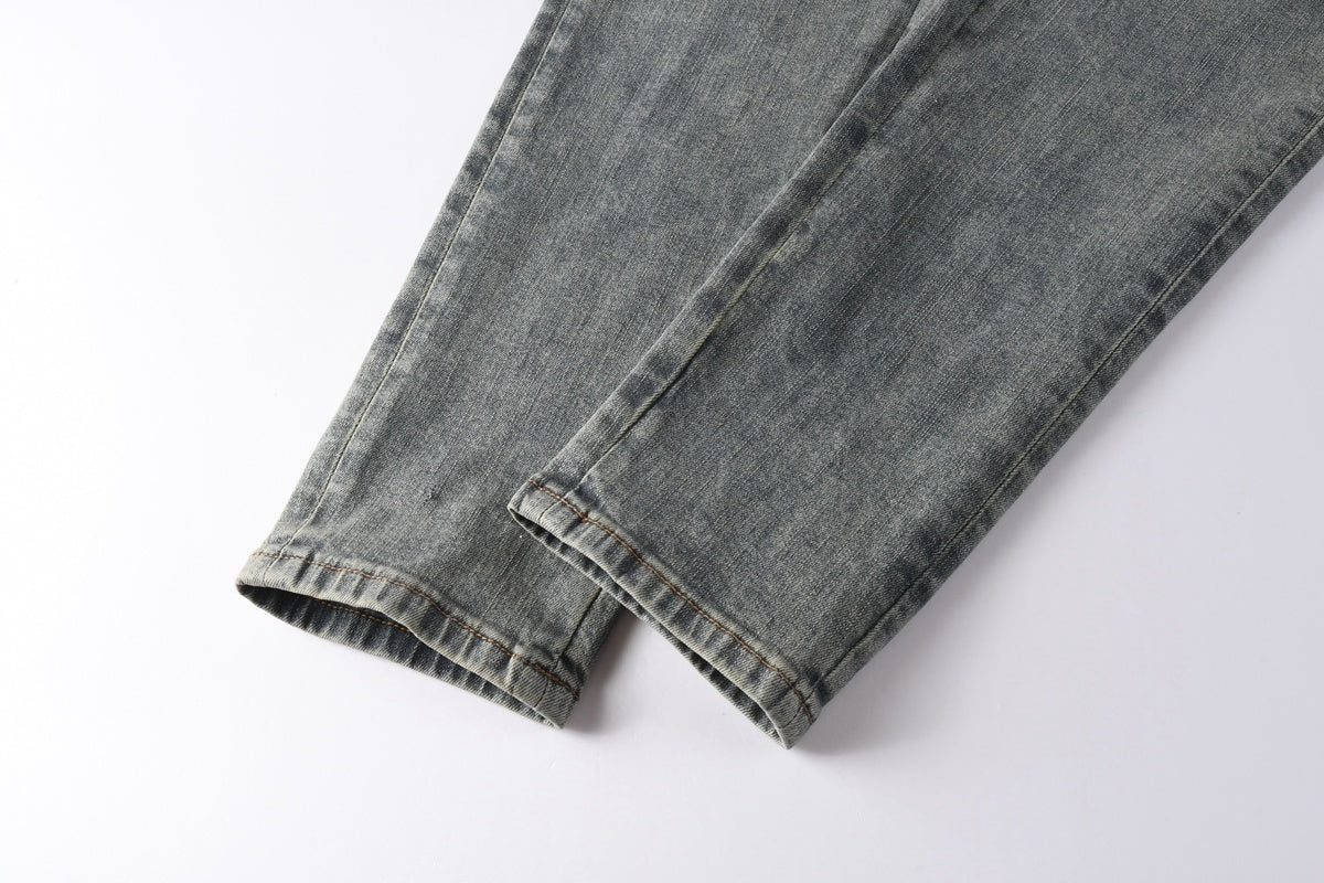 Men's Washed Blue Skinny Jeans with Ripped Holes, Rhinestones & Button Fly