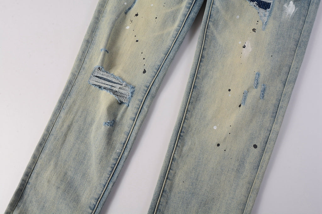 Men's High Street Distressed Blue Destroyed Hole Slim Fit Spray Paint Ripped Jeans