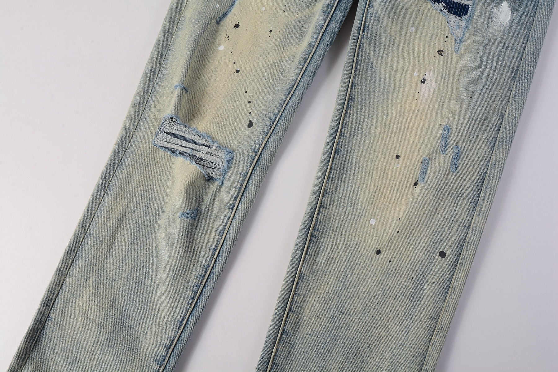 Men's High Street Distressed Blue Destroyed Hole Slim Fit Spray Paint Ripped Jeans