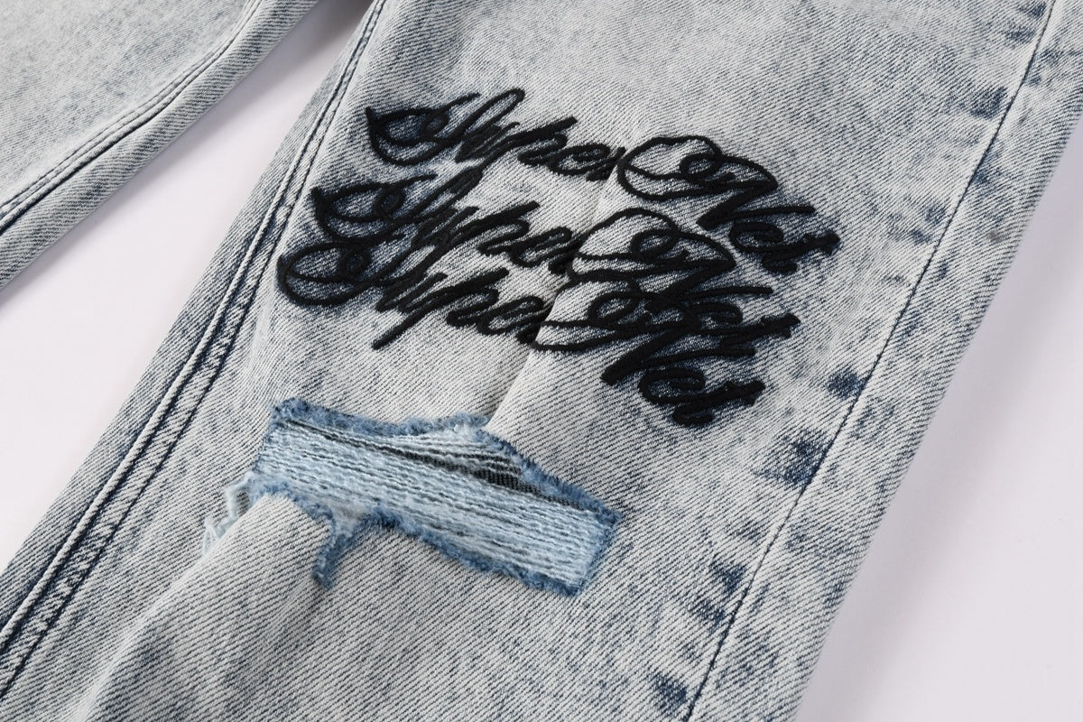 Men’s Acid Wash Skinny Jeans - Distressed Embroidered Street Denim