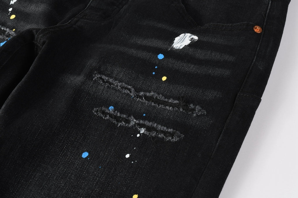 Men's Distressed Dark Black Skinny Jeans with Graffiti & Spray Paint Design & Ripped Holes