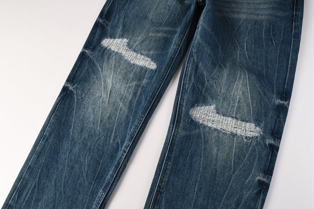 Men’s Vintage Blue Baggy Jeans - Distressed Knee Patch Denim