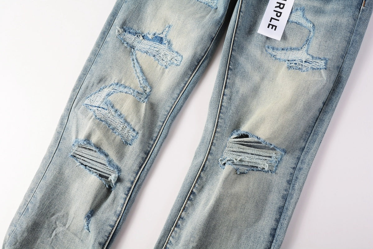 Men's Streetwear Slim Fit Distressed Light Blue Stretch Skinny Damaged Holes Raw Hems Ripped Jeans