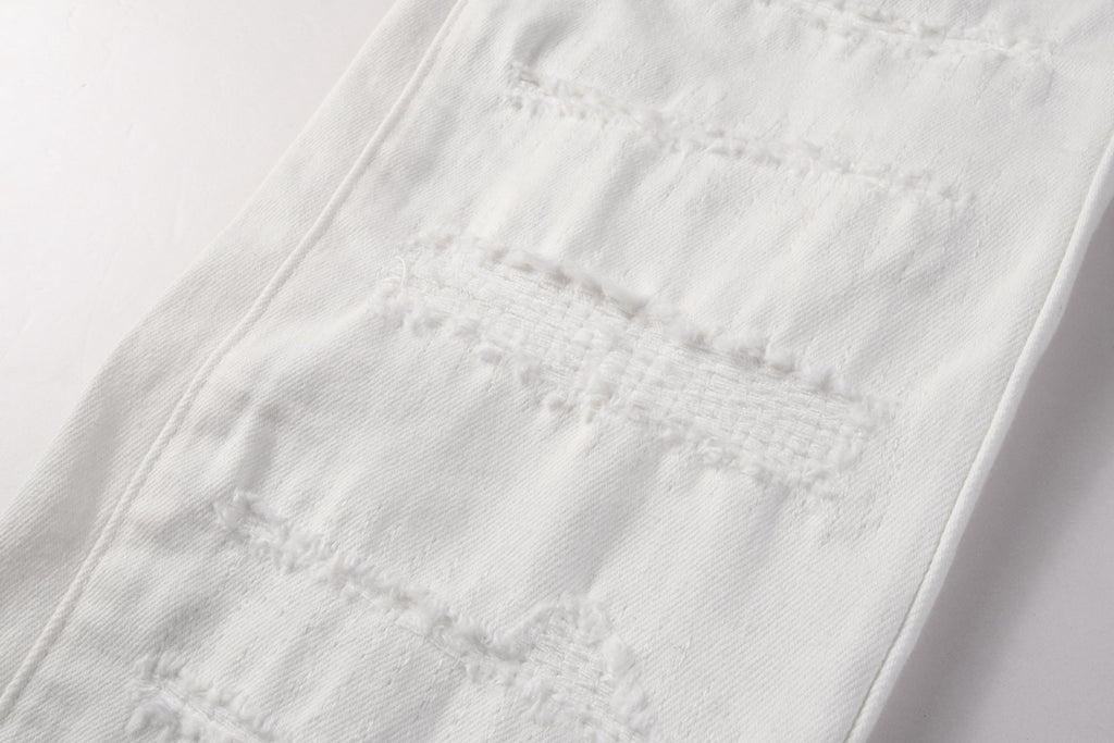 Men's Distressed White Beige Skinny Jeans with Ripped Holes & Button Fly