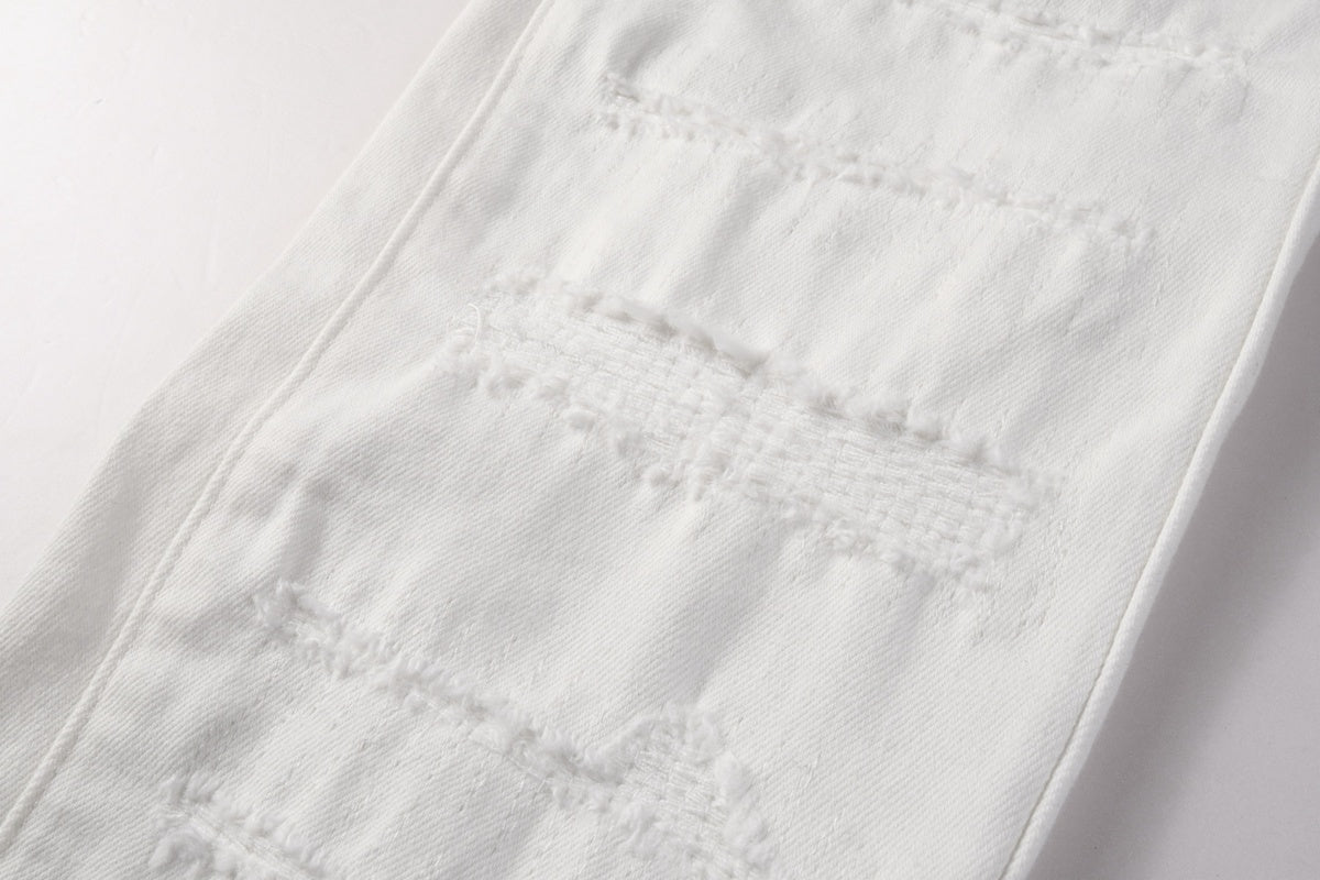 Men's Distressed White Beige Skinny Jeans with Ripped Holes & Button Fly