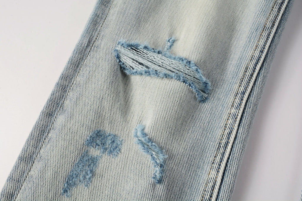 Men's Light Wash Artistic Patchwork Distressed Skinny Jeans - Stretch Denim