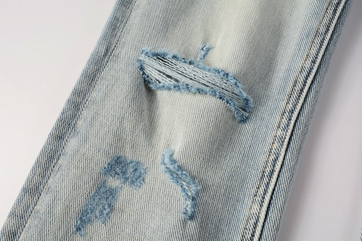 Men's Light Wash Artistic Patchwork Distressed Skinny Jeans - Stretch Denim