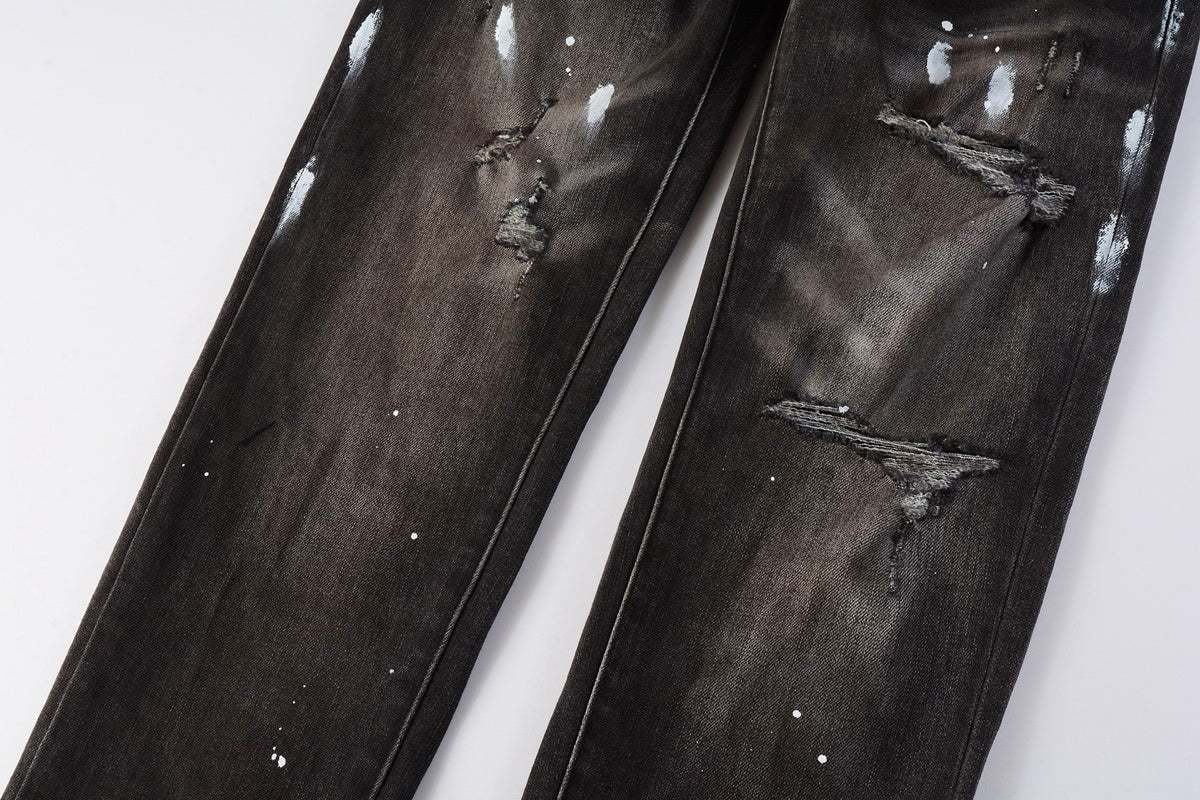 Men's High Street Distressed Damaged Holes Stretch Slim Fit Spray Painted Ripped Jeans
