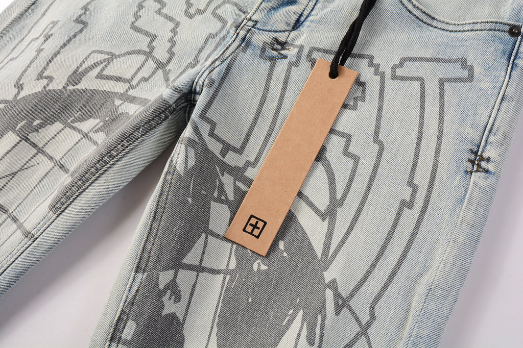 Men's Light Wash Graphic Print Distressed Skinny Jeans - Stretch Denim