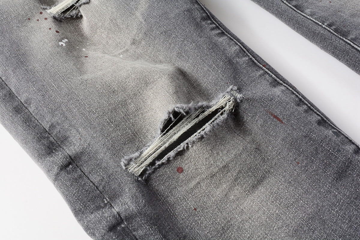 Men's Distressed Gray Graffiti Skinny Jeans with Ripped Holes & Button Fly