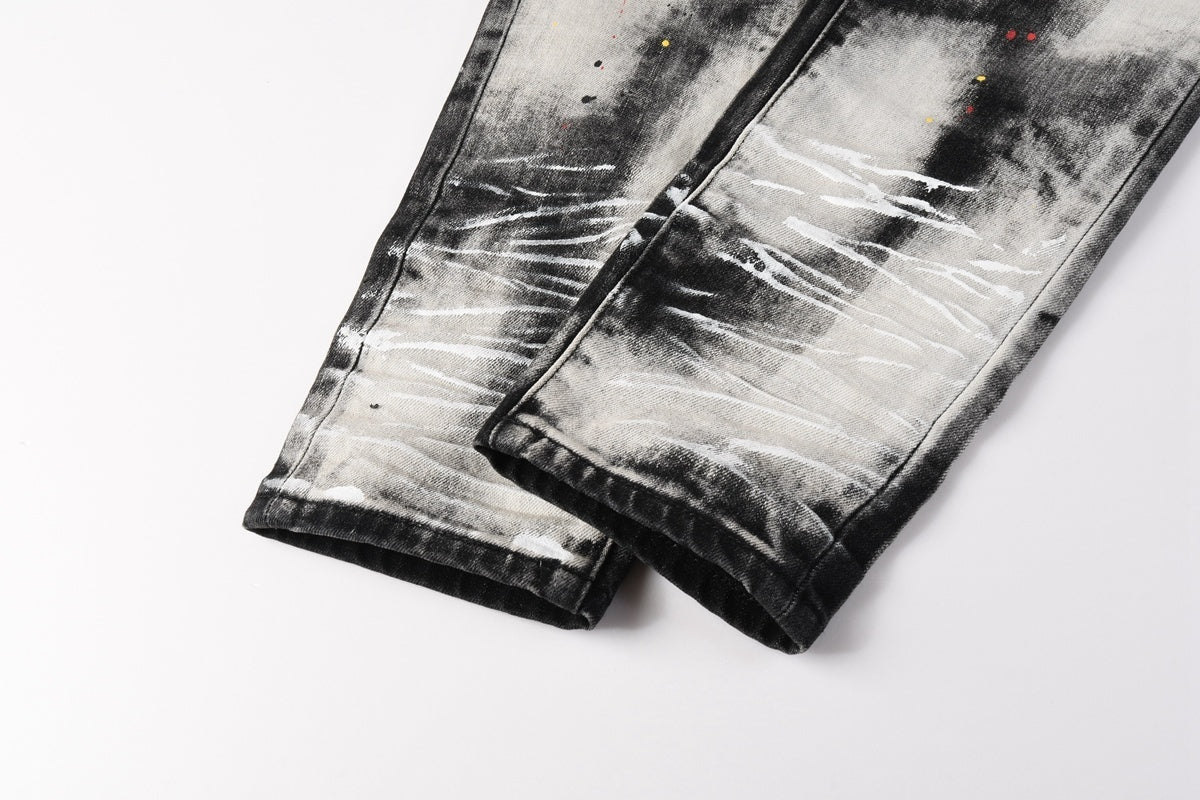 Men's Tie-Dye Graffiti Skinny Jeans with Ripped Holes & Button Fly