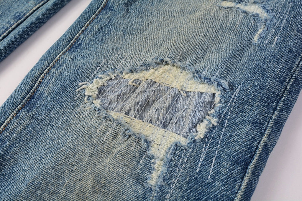 Men's Slim Fit Distressed Sea Blue Skinny Jeans with Button Fly & Ripped Detailing