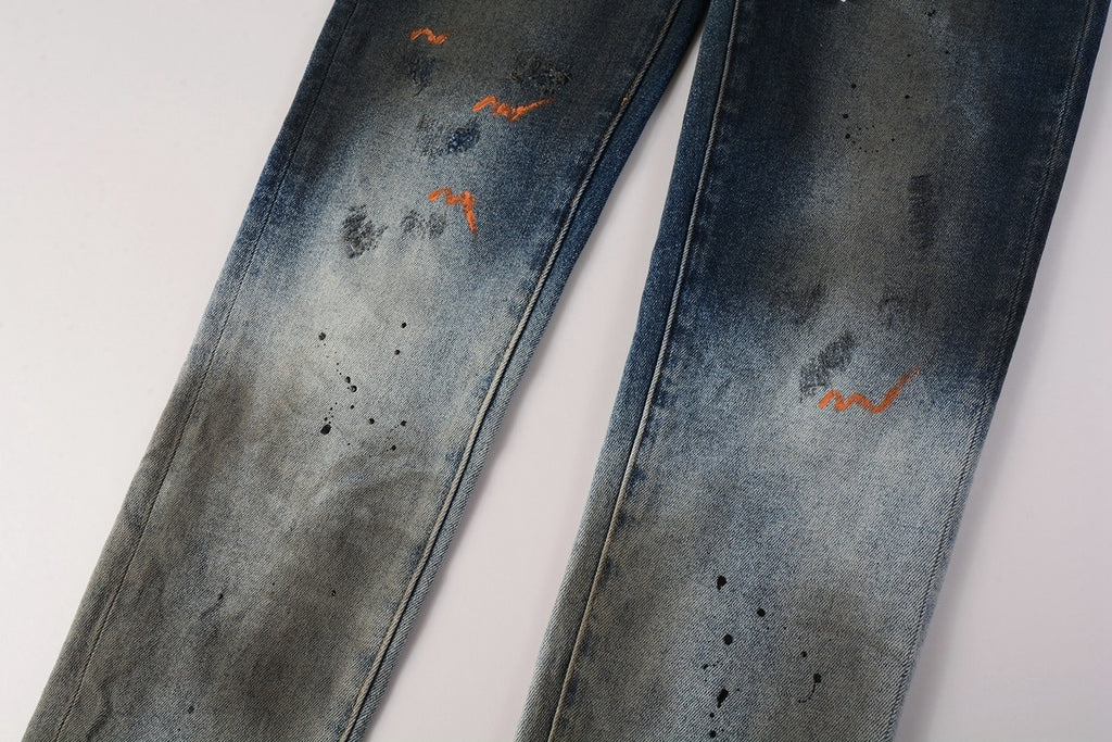 Men's High Street Distressed Blue Painted Dirty Slim Fit Ripped Jeans