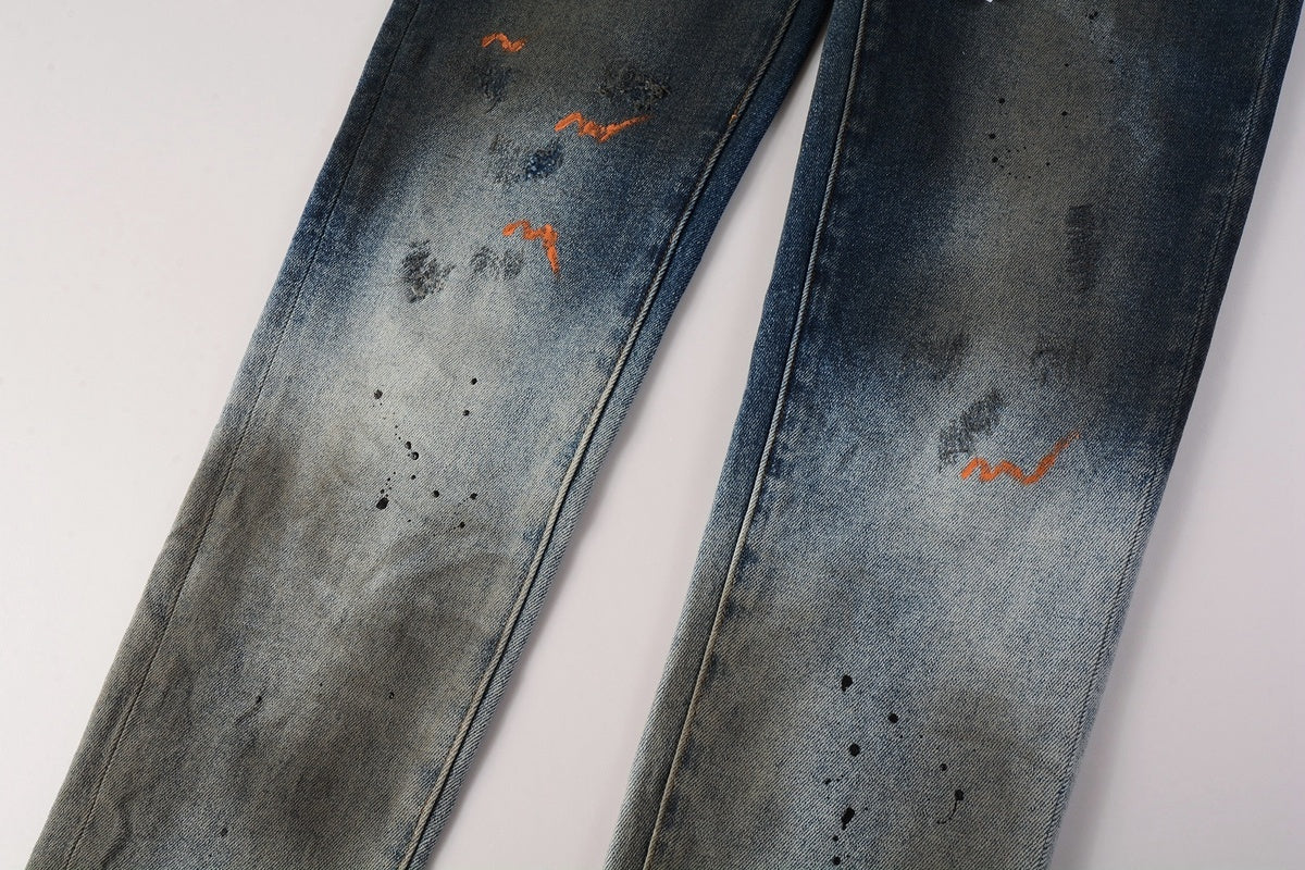 Men's High Street Distressed Blue Painted Dirty Slim Fit Ripped Jeans