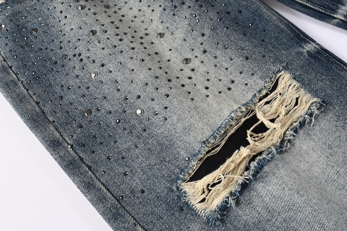 High Street Distressed Blue Rhinestones Baggy Jeans - Loose Ripped Jeans