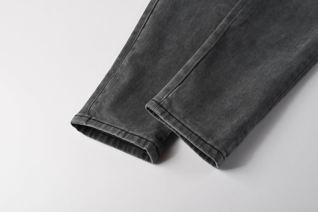 Men's Distressed Skinny Jeans with Ripped Holes, Rhinestones & Button Fly