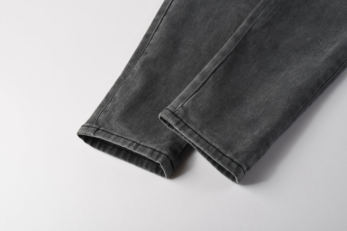 Men's Distressed Skinny Jeans with Ripped Holes, Rhinestones & Button Fly