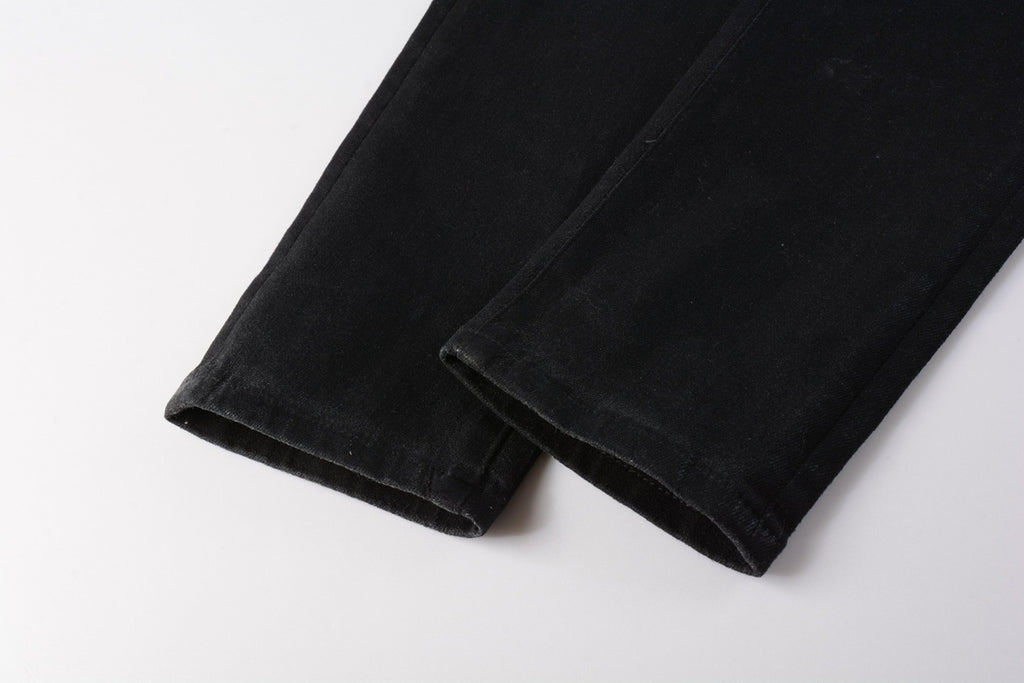 Men's Slim Fit Distressed Dark Black Coated Jeans with Ripped Holes & Button Fly