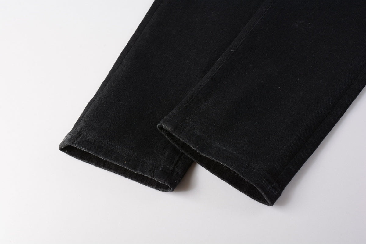 Men's Slim Fit Distressed Dark Black Coated Jeans with Ripped Holes & Button Fly