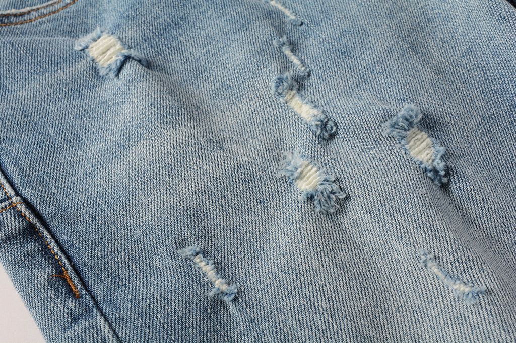 Men's Distressed Slim Fit Light Blue Skinny Jeans with Button Fly & Ripped Detailing