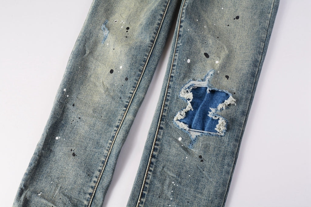 Men's Slim Fit Distressed Light Blue Damaged Holes Blue Patchwork Stretch Ripped Jeans Pants