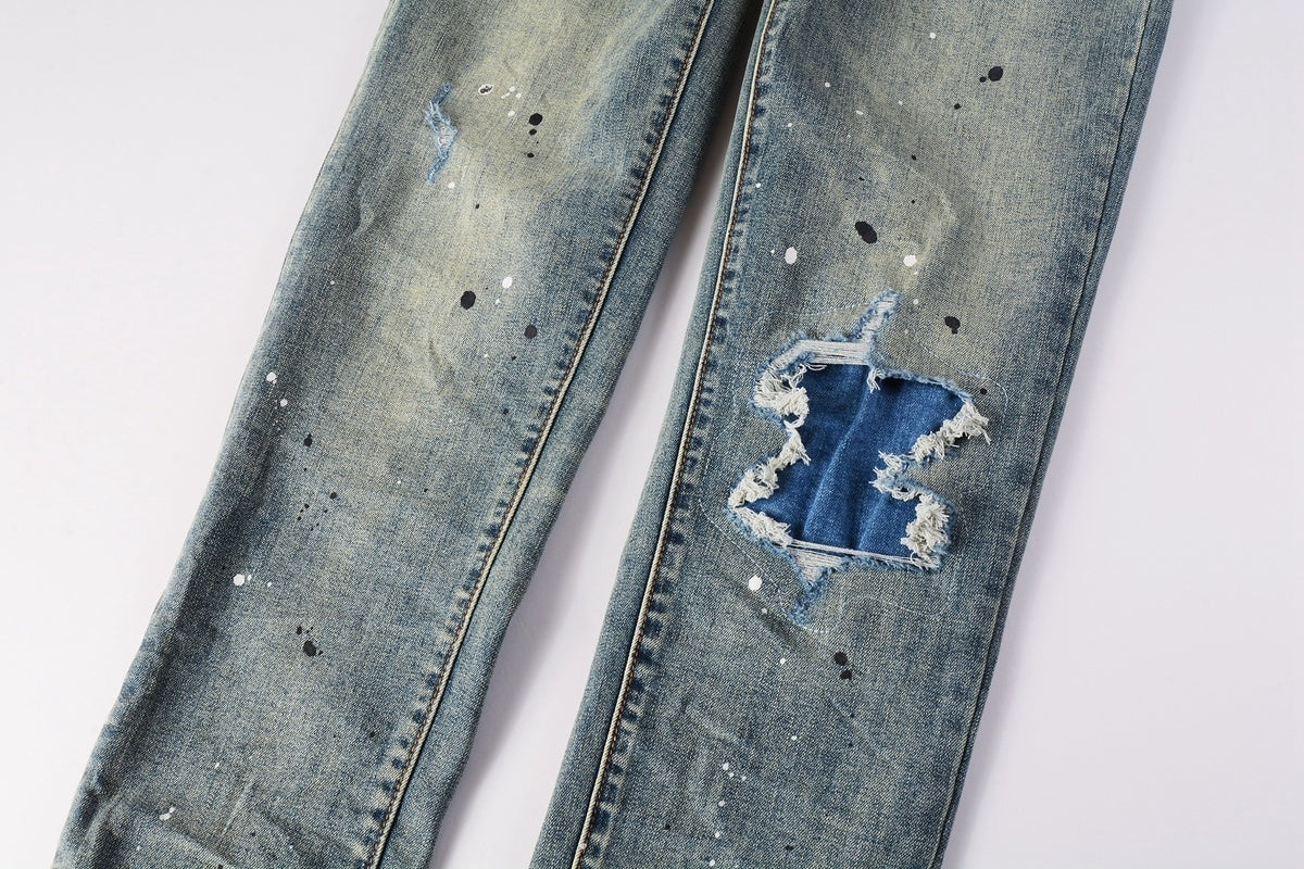 Men's Slim Fit Distressed Light Blue Damaged Holes Blue Patchwork Stretch Ripped Jeans Pants