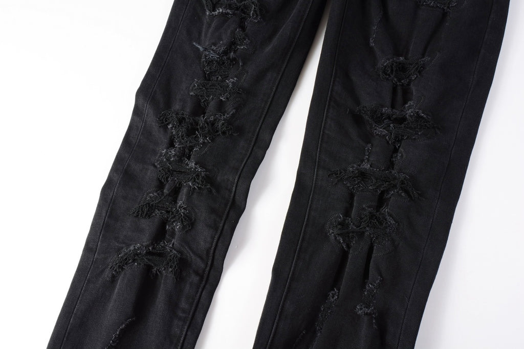 Men's Distressed Black Skinny Jeans with Ripped Holes & Button Fly