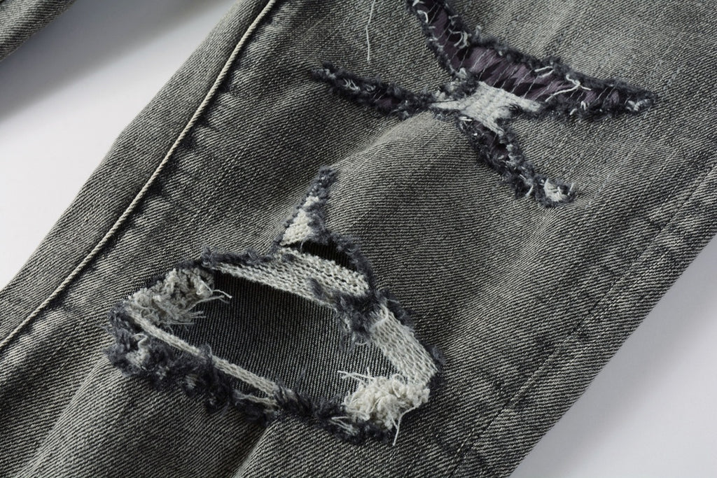 Men's High Street Distressed Ash Gray Skinny Jeans with Ripped Holes & Button Fly