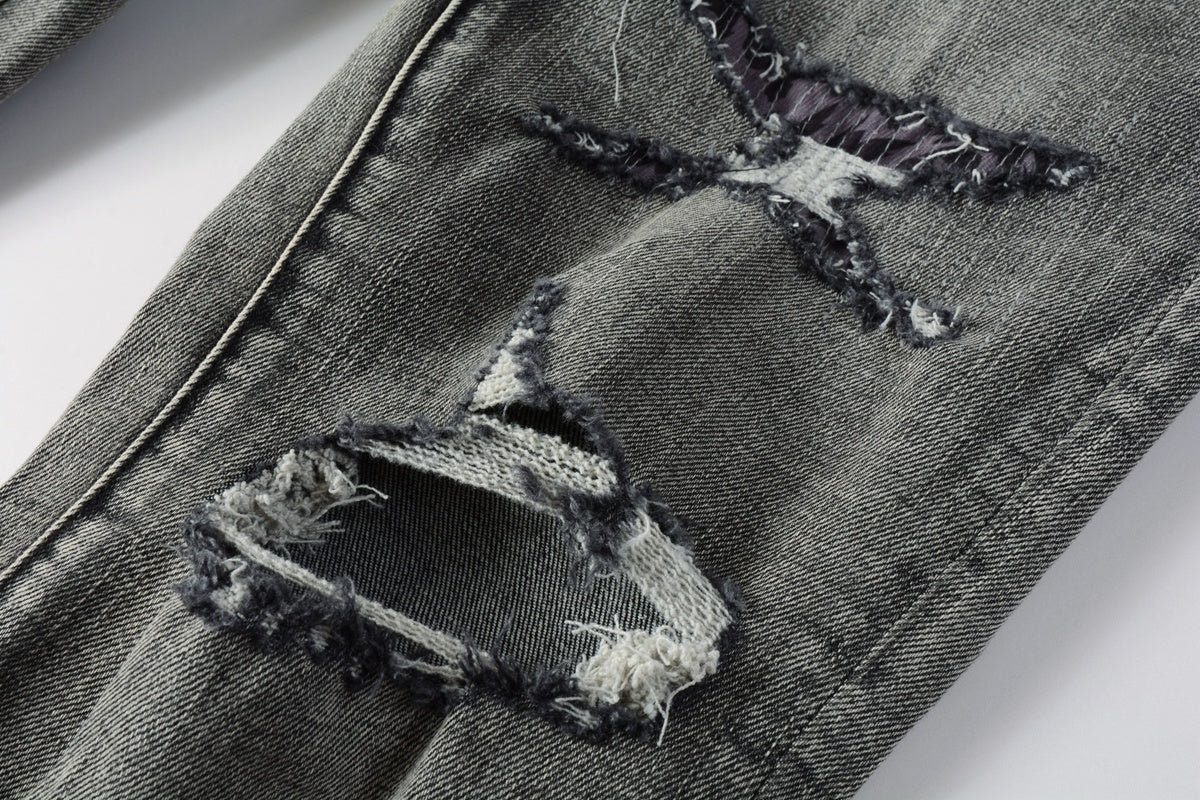 Men's High Street Distressed Ash Gray Skinny Jeans with Ripped Holes & Button Fly