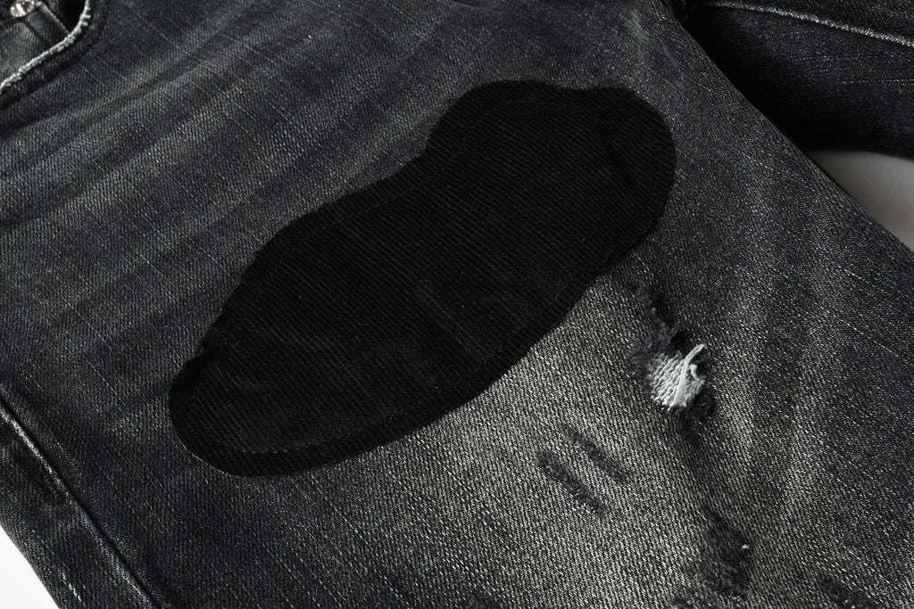 Men's Distressed Black Gray Skinny Jeans with Patchwork, Ripped Holes & Button Fly