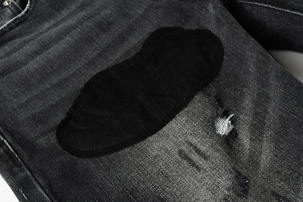 Men's Distressed Black Gray Skinny Jeans with Patchwork, Ripped Holes & Button Fly