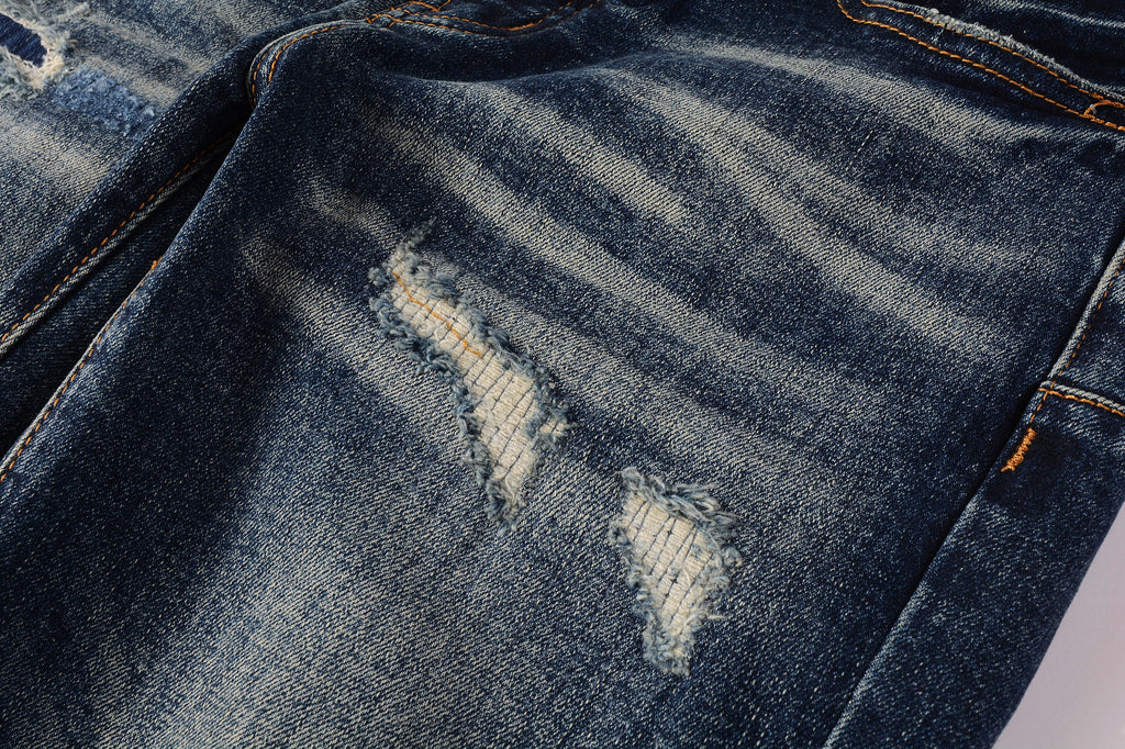 Men's Distressed Dark Blue Skinny Jeans with Ripped Holes & Button Fly