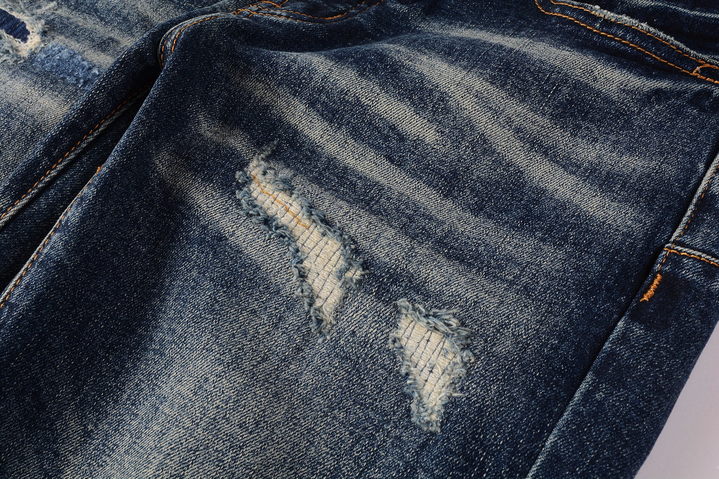Men's Distressed Dark Blue Skinny Jeans with Ripped Holes & Button Fly