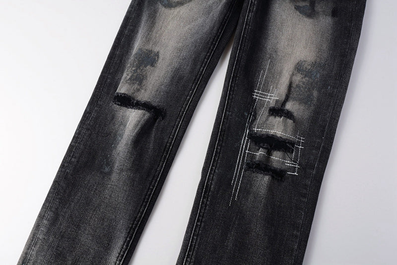 Men's Black Gray Washed Distressed Skinny Jeans - Streetwear Ripped Denim Pants