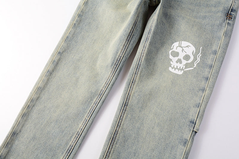 Men’s Vintage Light Wash Skull Print Skinny Jeans - Streetwear Denim Pants