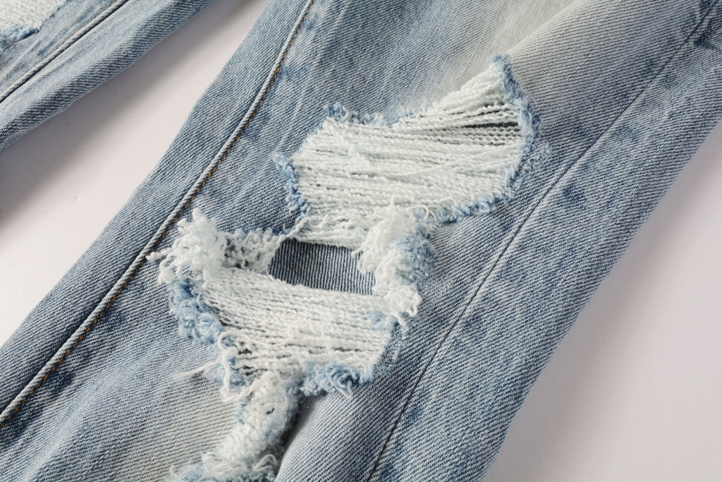 Men's Distressed Light Blue Skinny Jeans with Ripped Holes & Button Fly