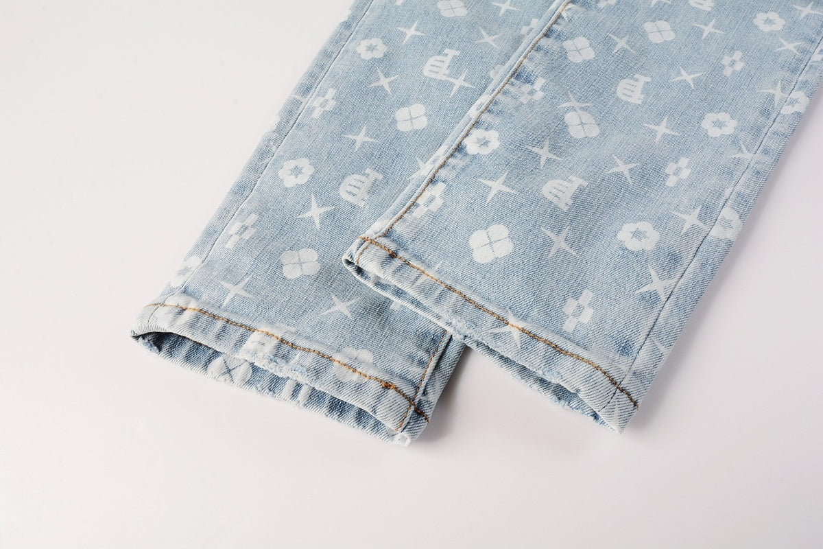 Men's Distressed Light Blue Skinny Jeans with Laser Print Patterns & Button Fly