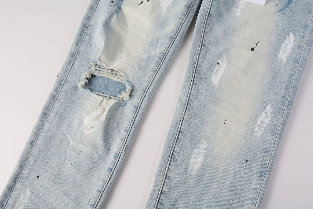 Men's High Street Washed Light Blue Distressed Damaged Holes Ripped Jeans