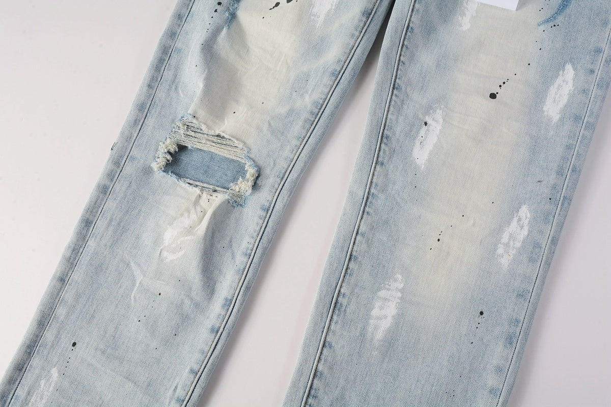 Men's High Street Washed Light Blue Distressed Damaged Holes Ripped Jeans