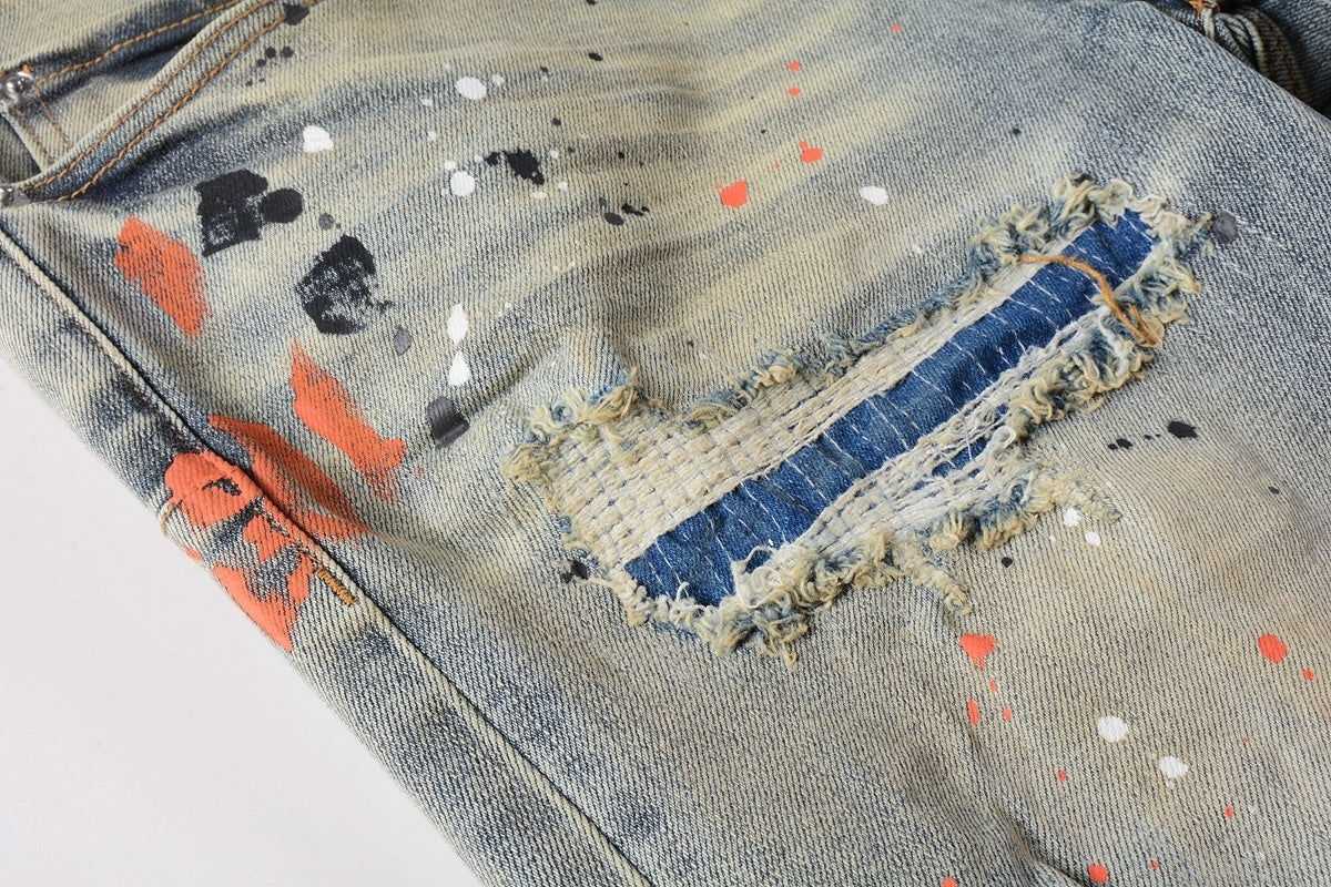 Men's Slim Fit Distressed Washed Light Blue Graffiti Jeans with Ripped Holes & Button Fly