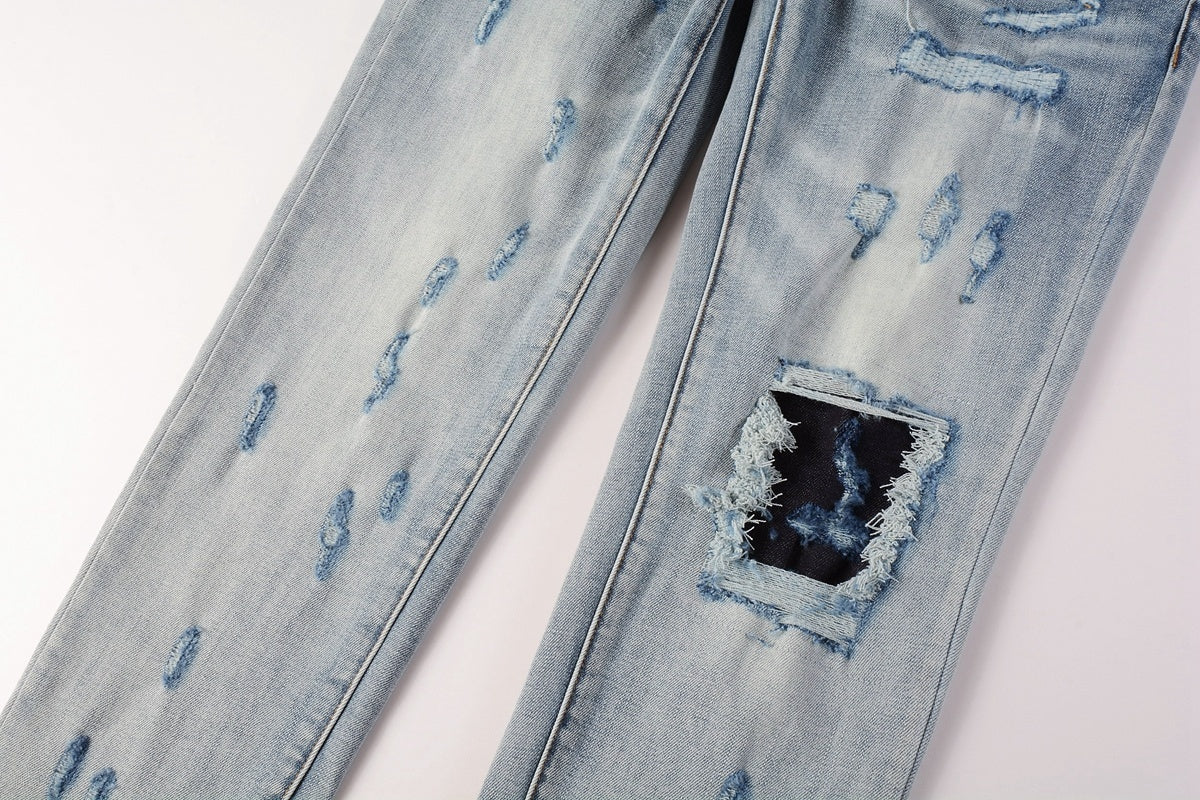 Men's Slim Fit Streetwear Distressed Light Blue Destroyed Holes Patchwork Stretch Ripped Jeans