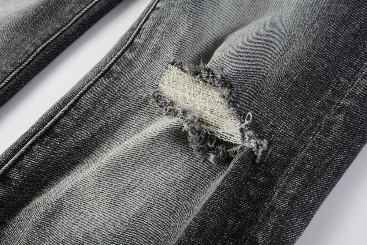 Men's Distressed Ash Gray Skinny Jeans with Ripped Holes & Button Fly