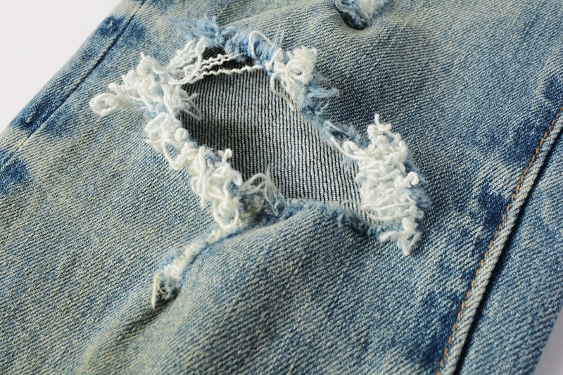 Slim Fit American Men's Distressed Blue Skinny Jeans with Ripped Holes & Button Fly