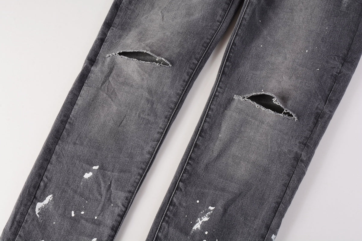 Men's Slim Fit Distressed Gray Damaged Holes Graffiti Stretch Ripped Jeans