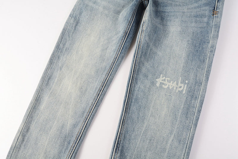 Men's Light Wash Ksubi-Inspired Graffiti Skinny Jeans - Slim Denim Pants