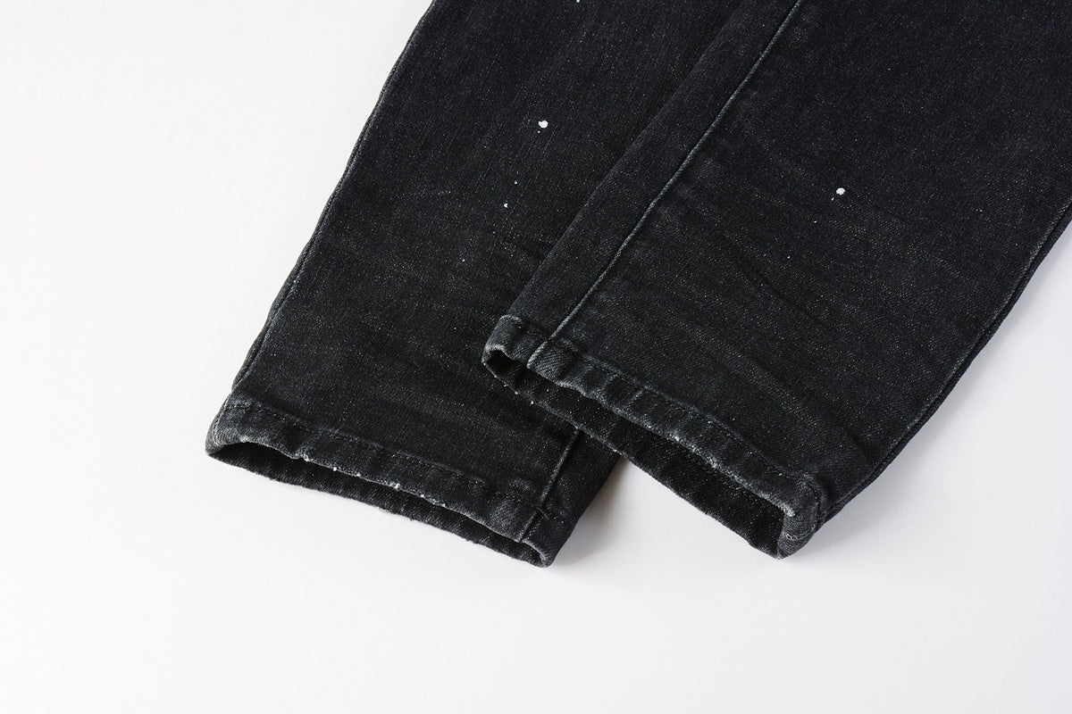 Men's High Street Distressed Black Gray Stretch Slim Fit Ripped Jeans
